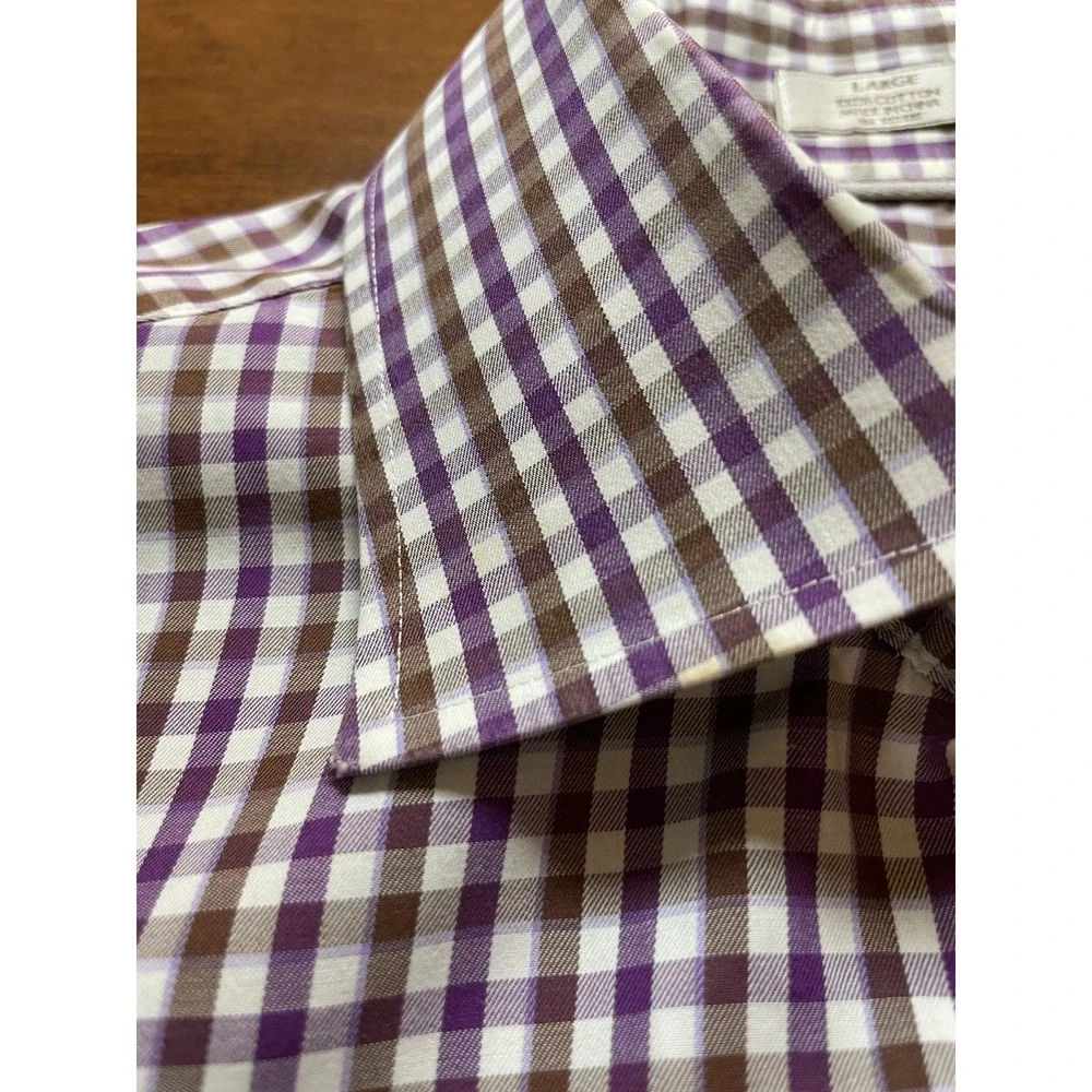 PETER MILLAR Button Up Gingham Check Shirt Men L Purple White Preppy Long Sleeve